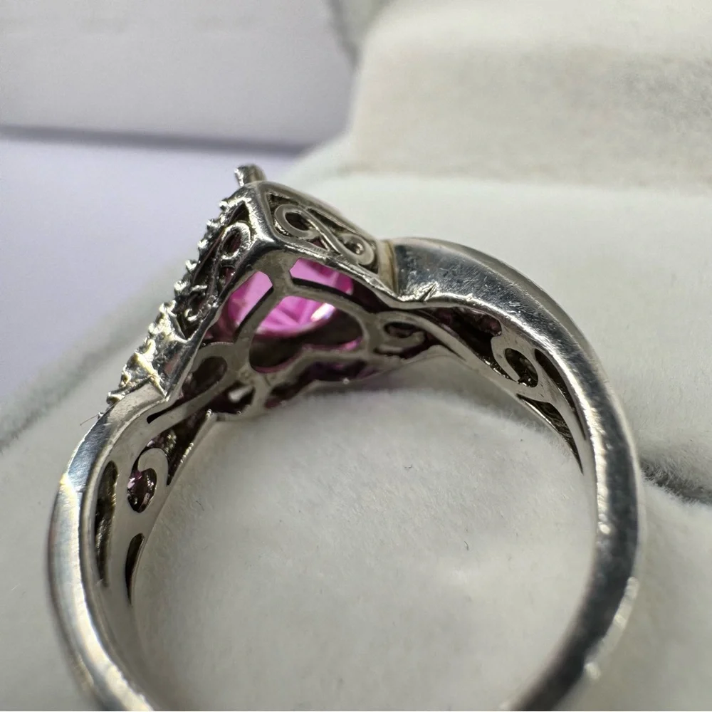 Pink Sapphire & Diamonds & Topaz 925 Sterling Silver Ring Size 5.5